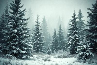 The primary subject of the image is a snow-covered forest with pine trees. The setting is a snowy landscape with trees and bushes, creating a serene and wintry atmosphere. The visual style is a photo, capturing the beauty of the snow-covered forest. The dominant colors are white, gray, and green, reflecting the snow and the natural environment.